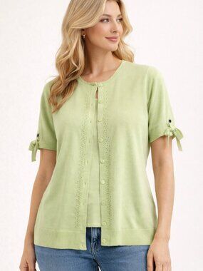 NWOT Christopher & Banks Light Lime Green Cardigan Short Sleeve Button Up Size M